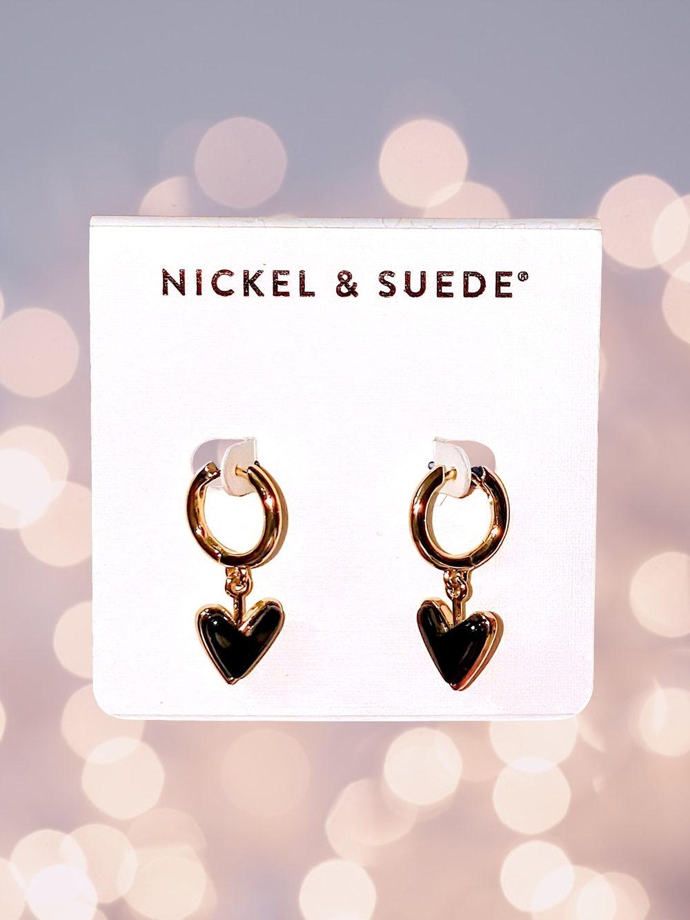NEW Nickel & Suede Gold Hoop Huggies with Black Heart Drops